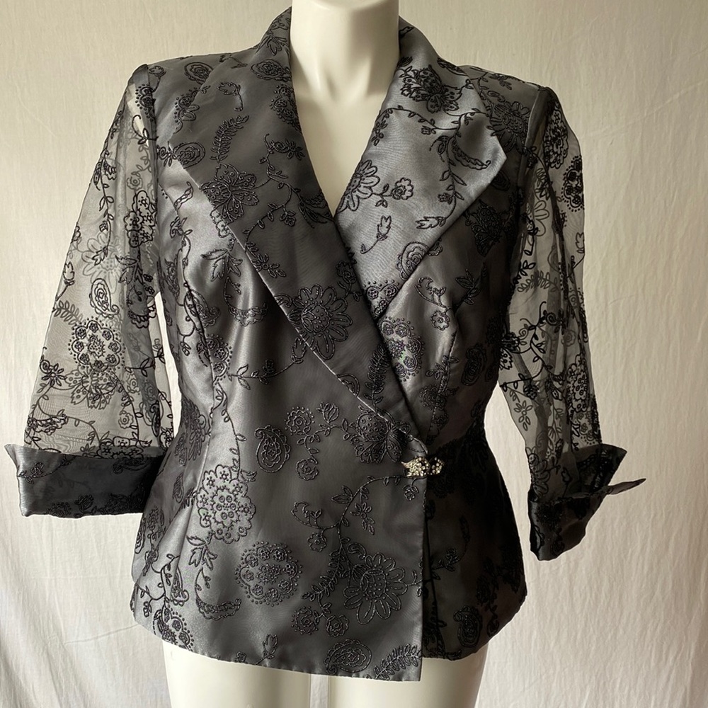 R & M Richards Grey and Black Embellished Wrap Evening Blazer Jacket, Size: 14 W